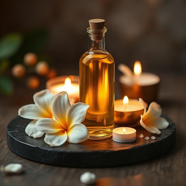Golden massage oil with frangipani flowers