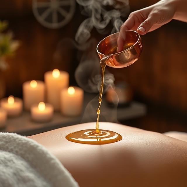 Warm oil being poured from a copper bowl
